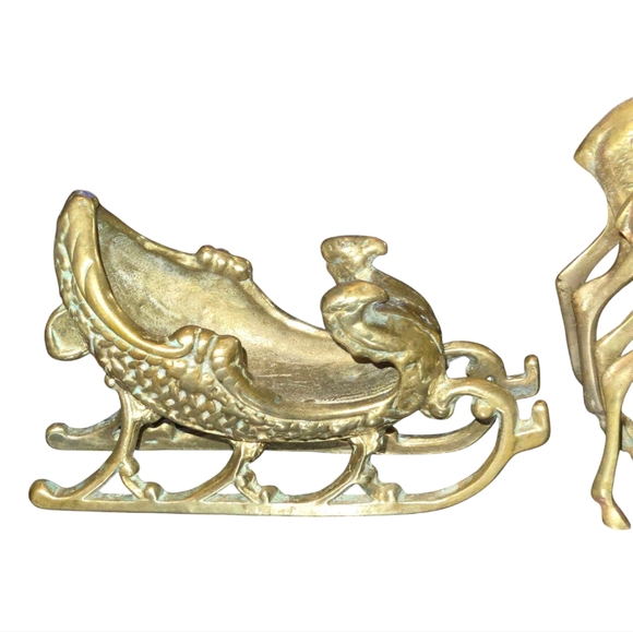 Vintage Mid-Century Modern Solid Brass Sleigh & Four Reindeer Christmas Decor - Picture 2 of 8
